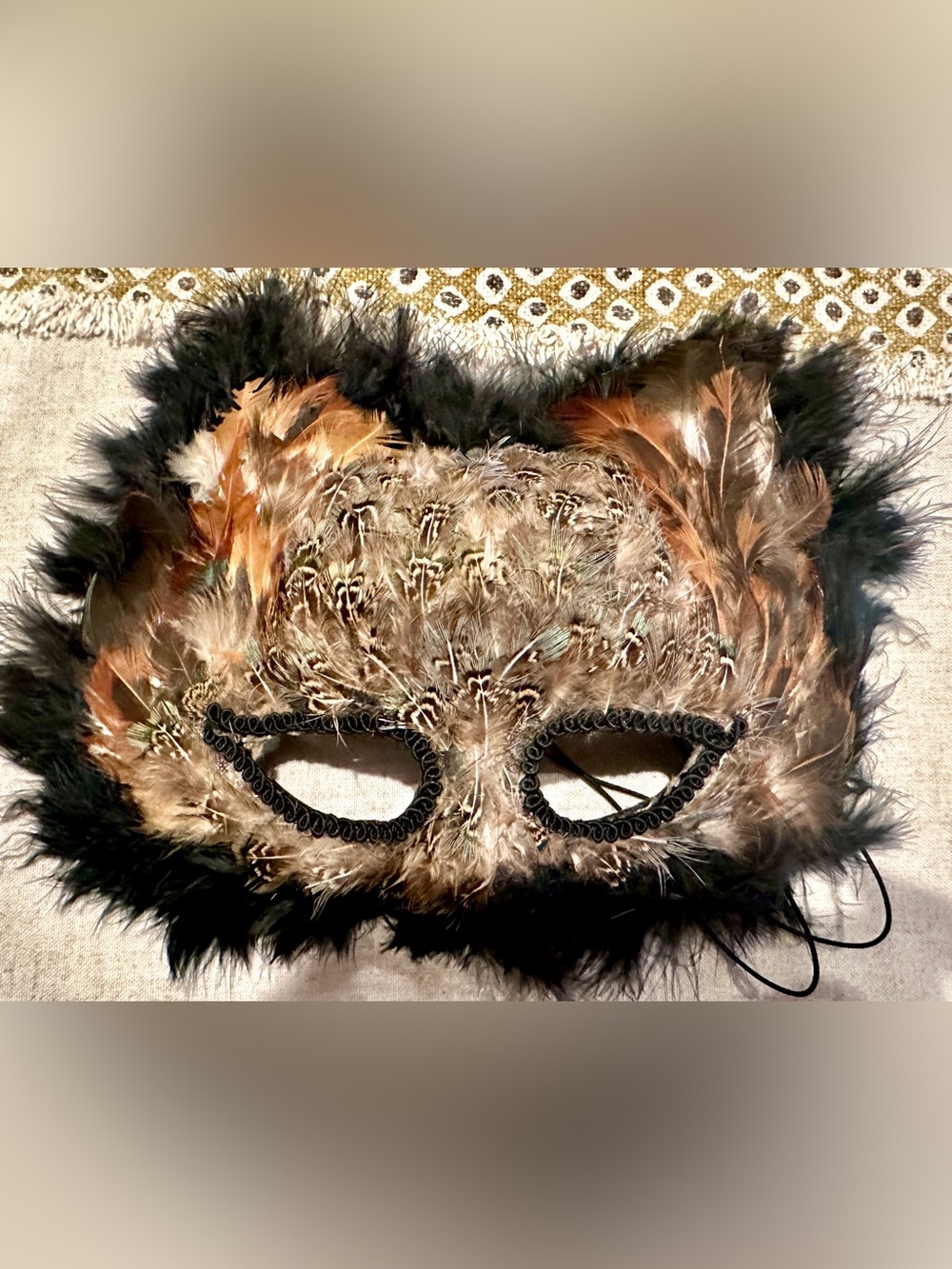 Feathered Owl Masquerade Mask Brown Black Bird Halloween Mardi Gras Costume 10x8